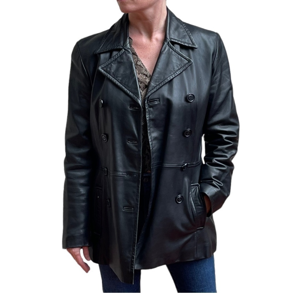 VINTAGE 90S G III BLACK LEATHER DOUBLE BREASTED NOTCH COLLAR DRIVING CAR COAT